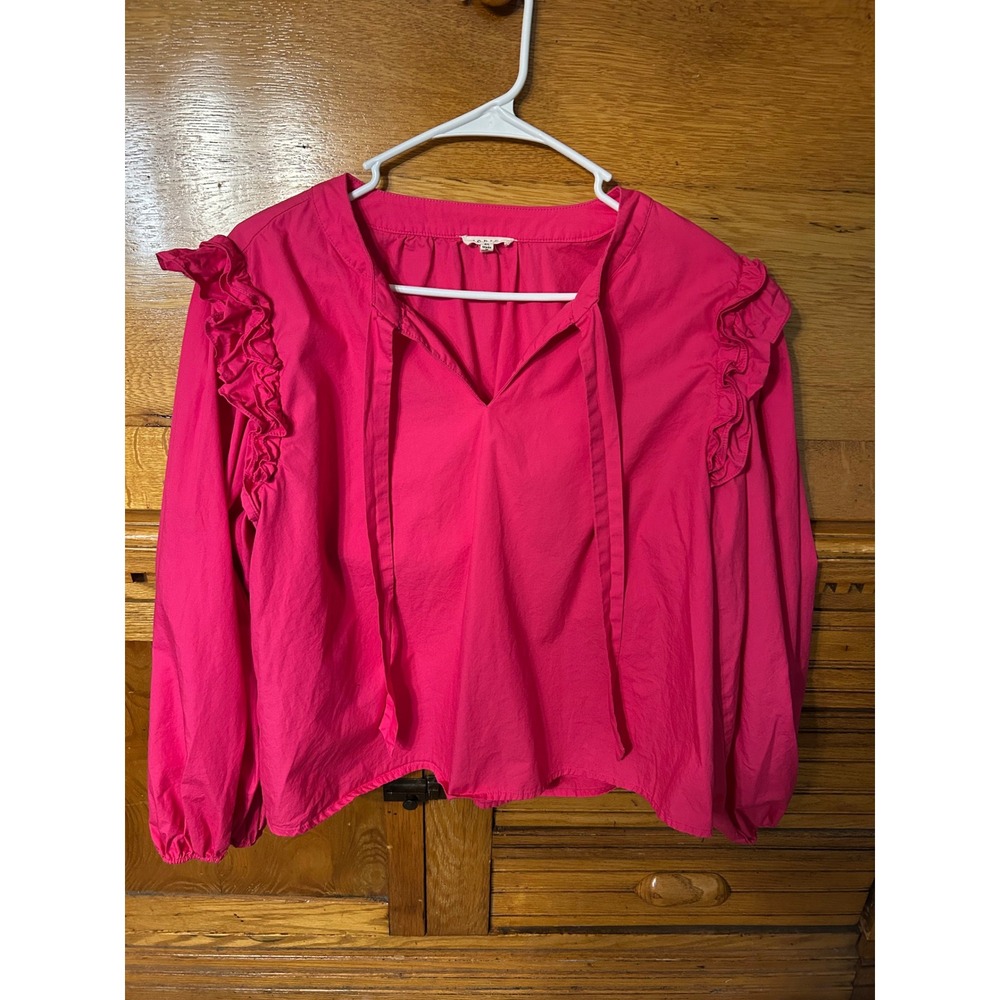 Jodifl Coquette Preppy Hot Pink Ruffle Shoulder Tie Neck Blouse Long Sleeve Top